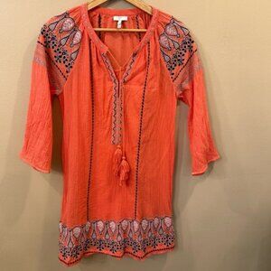 Joie Nieva Dress XS Orange Embroidered Boho Tassel Peasant Tunic 3/4 Sleeve